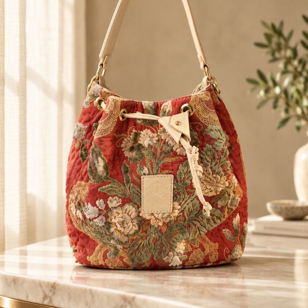 Vintage Setificio Leuciano Woven Floral Tapestry Bucket Bag -